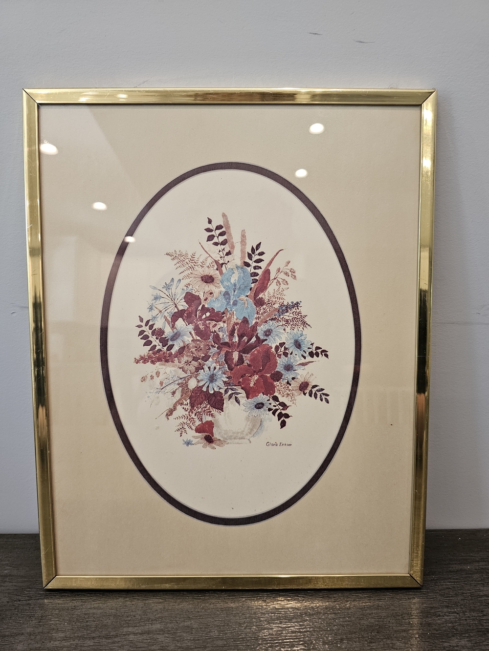 Vintage 1980s Gloria Eriksen Framed Floral Print - "Blue and Rust Bouquet"